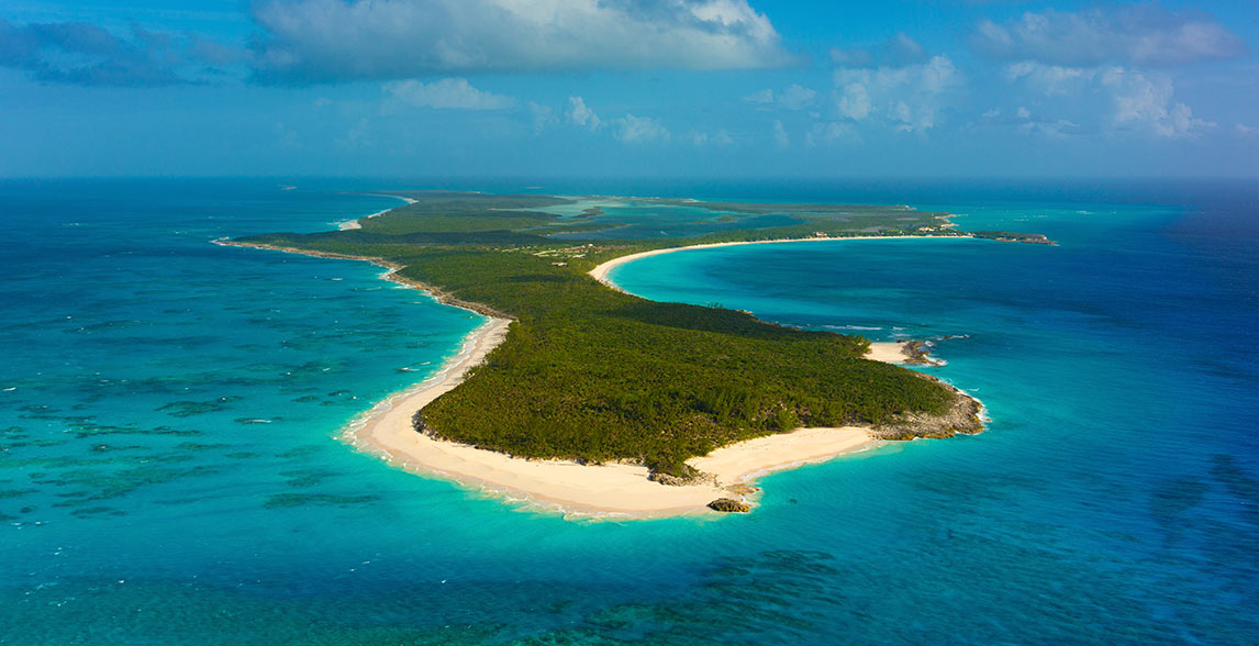 Aerial view of the beautiful Half Moon Cay, Bahamas.