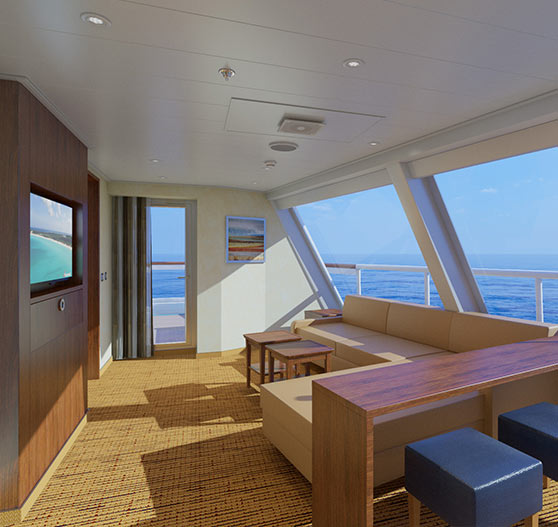 Captain suite stateroom interior on Carnival Sunrise.