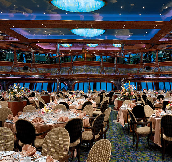 Interior of dining room on Carnival Conquest.
