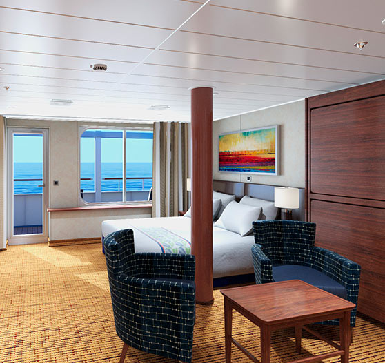 Interior of grand suite stateroom on carnival elation.